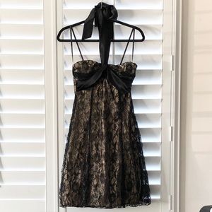 Halter top dress. Black shimmery lace nude lining